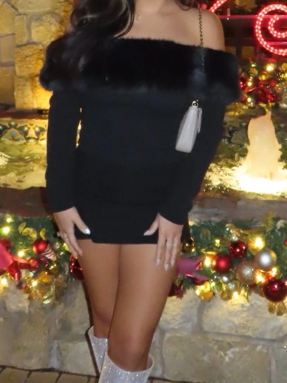 Zara Black Off-Shoulder Faux-Fur Trim Holiday Mini Dress